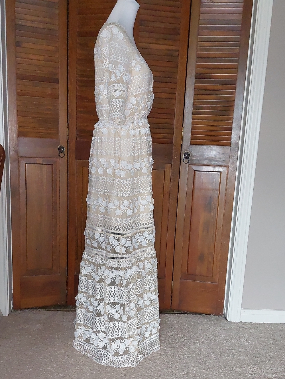 Bohemian Beige Lace 3D Floral Maxi Dress Sz S - Picture 4 of 16